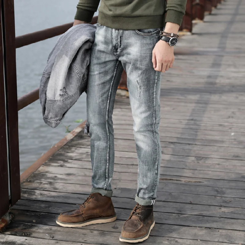 

JXN812 High-quality jeans men's European net red Slim patch tide ragged middle waist youth trousers