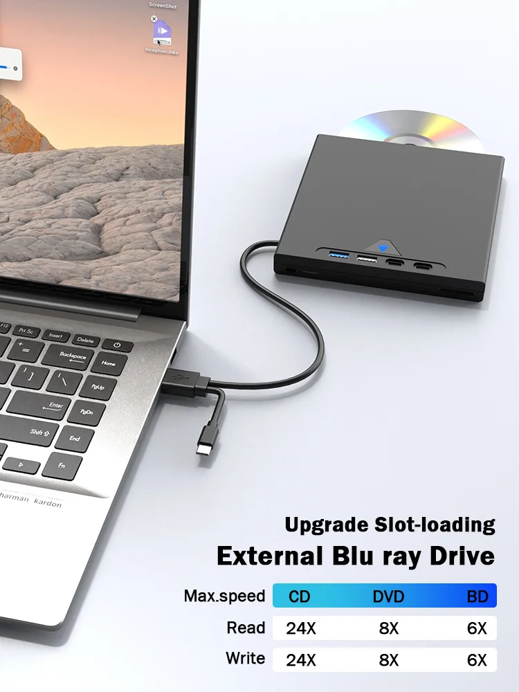 7-IN-1 External Blu-ray Drive Support 100GB BD/CD/DVD Read and Write Optical Drive CD Player Burner for Laptop PC Windows Mac OS