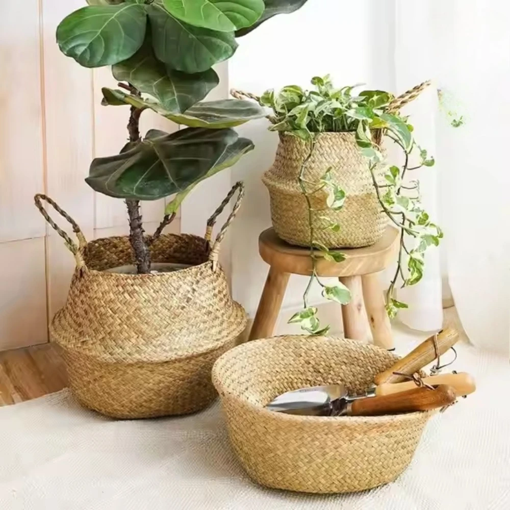 

Natural Wicker Seagrass Storage Basket with Handles Laundry Hamper Flower Pot Organizer Indoor Outdoor for Home Garden Decor