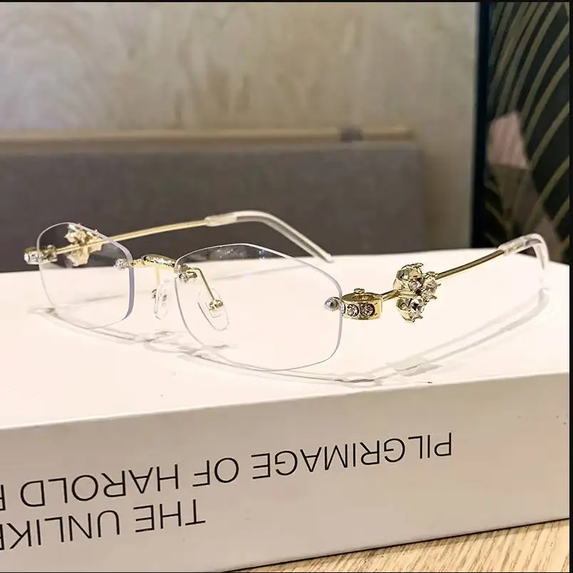

cutting rimless small square crystal shiny sunglasses for women new fashion gradient alloy rhinestone sun glasses ladies shades