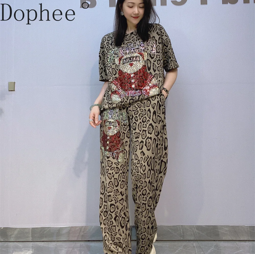 

American Vintage Leopard Two-piece Set Cute Bear Hot Drilling Loose Short Sleeve T-shirt Top + Wide Leg Casual Straight Pants