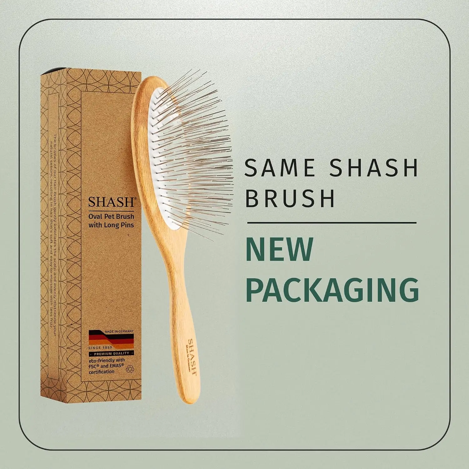 Since 1869 Hand Made In Germany - SHASH Oval Pet Brush With Long Metal Pins With Rubber Cushion - Helps Detangle Knots, Eliminat
