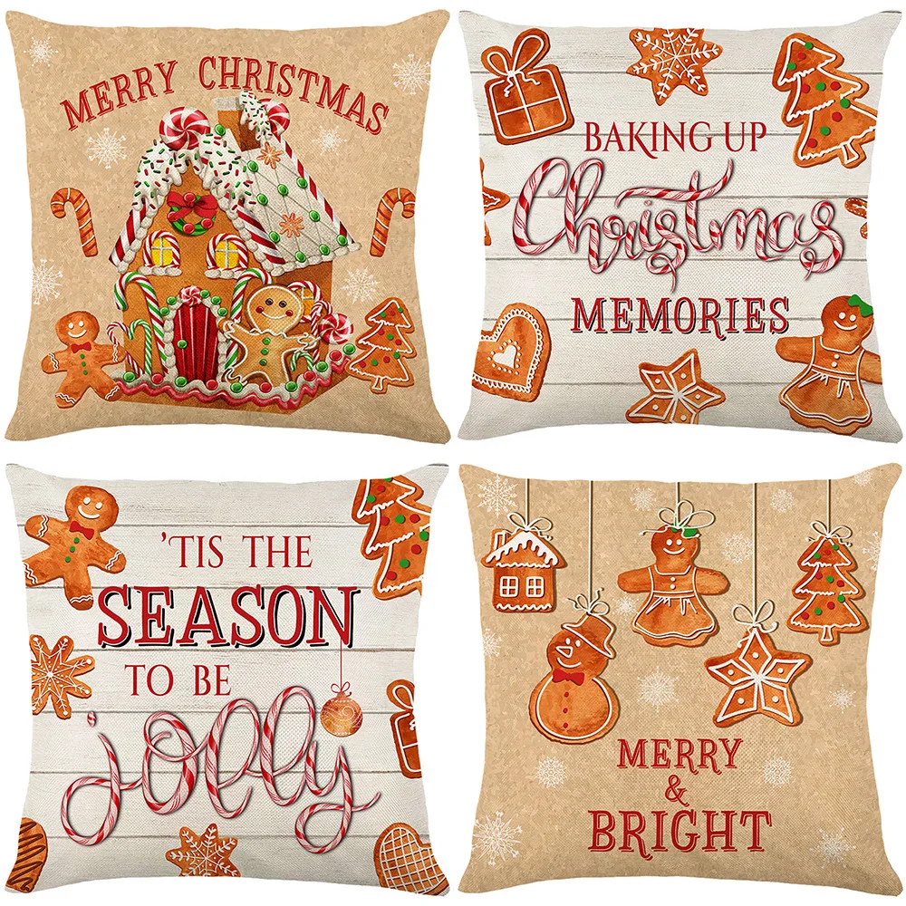 Christmas Linen Throw Pillows 4pcs 45x45cm, Suitable for Sofas,bedrooms,cars,and Home Holiday Decorations (without Inner Lining)