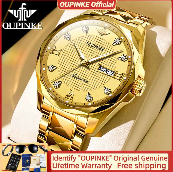 OUPINKE 3243 Gold Watch for Men Diamond Scale Auto Dual Calendar Display Fashion Grid Dial Tungsten steel Sapphire Mirror Watch
