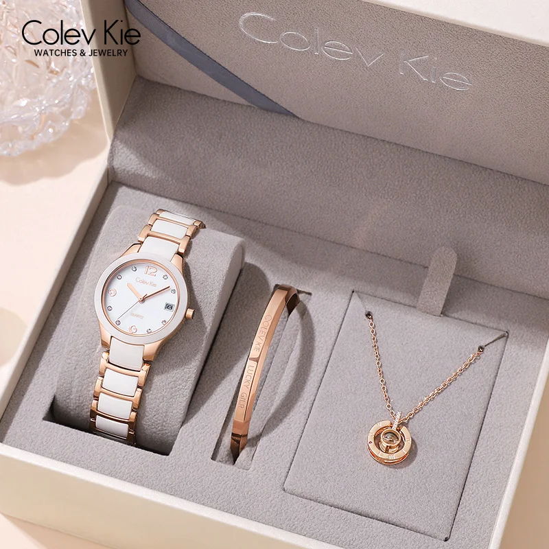 ColveKie-reloj de cuarzo con incrustaciones de diamantes de cerámica para mujer, relojes de pulsera impermeables, conjuntos de regalo para niñas