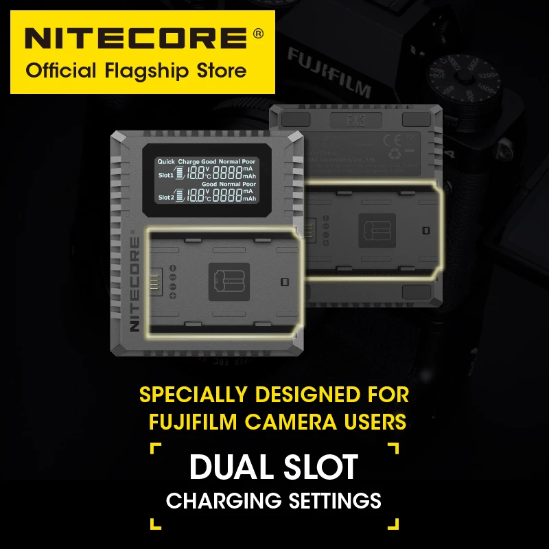 NITECORE FX3 Intelligent Camera Charger Dual Slot USB Type C LCD QC Fast Charge 1500mAh For Fujifilm XT4 GFX100S NP-W235 Battery