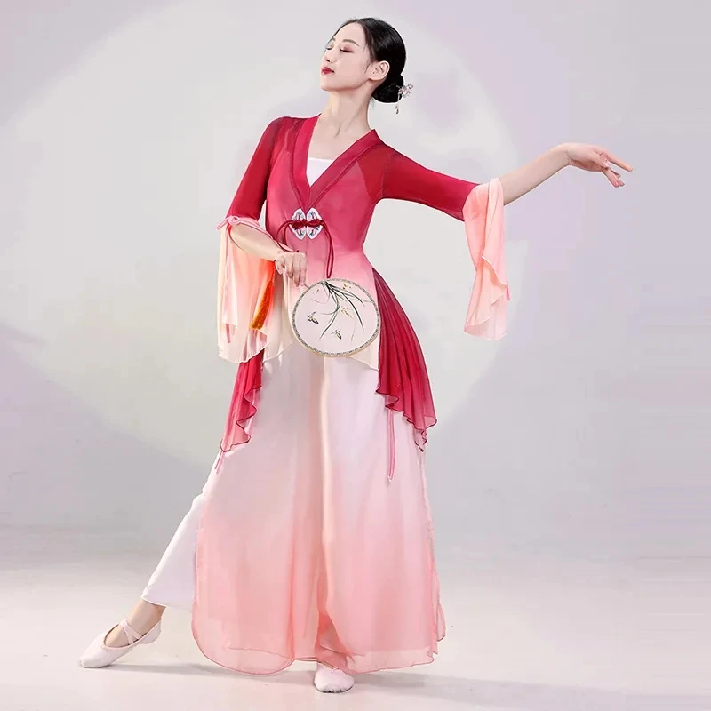 2024 Chinese Vintage Dance Costume Traditional Flower Embroidery Mesh Tops+Pants Set Stage Performance Gradient Color Hanfu