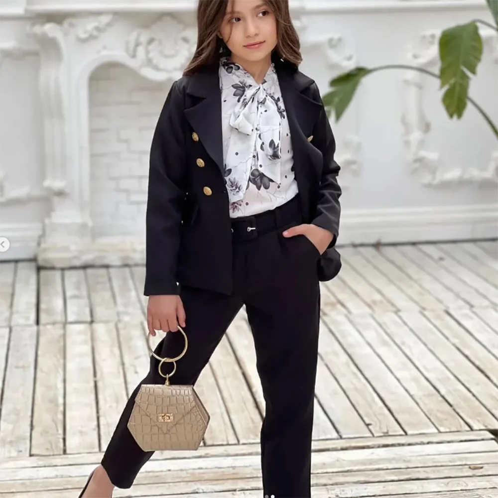 Playful Black Girls Blazer Double Breasted Lapel Kids Jacket+Pants Loose Formal Teenage Casual Outfits