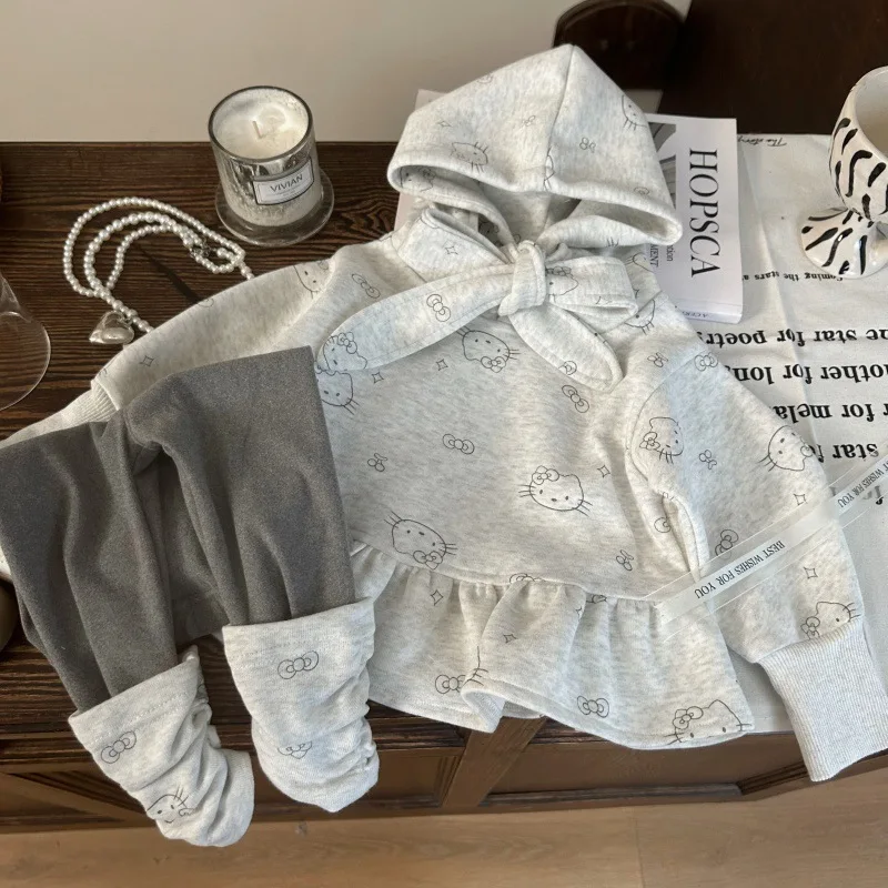 

Children's Clothing2025New Autumn Girls Cartoon Print Hooded Sweatshirt Pile Socks Leggings Two-piece Set