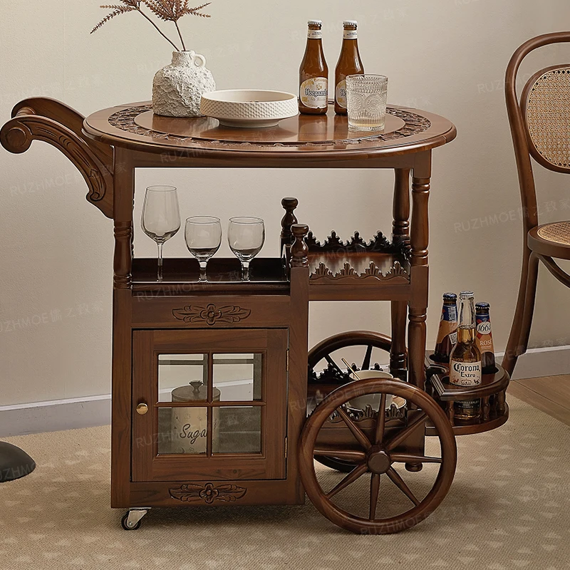 

Dining car hand push all solid wood household double storage cart mobile living room coffee table
