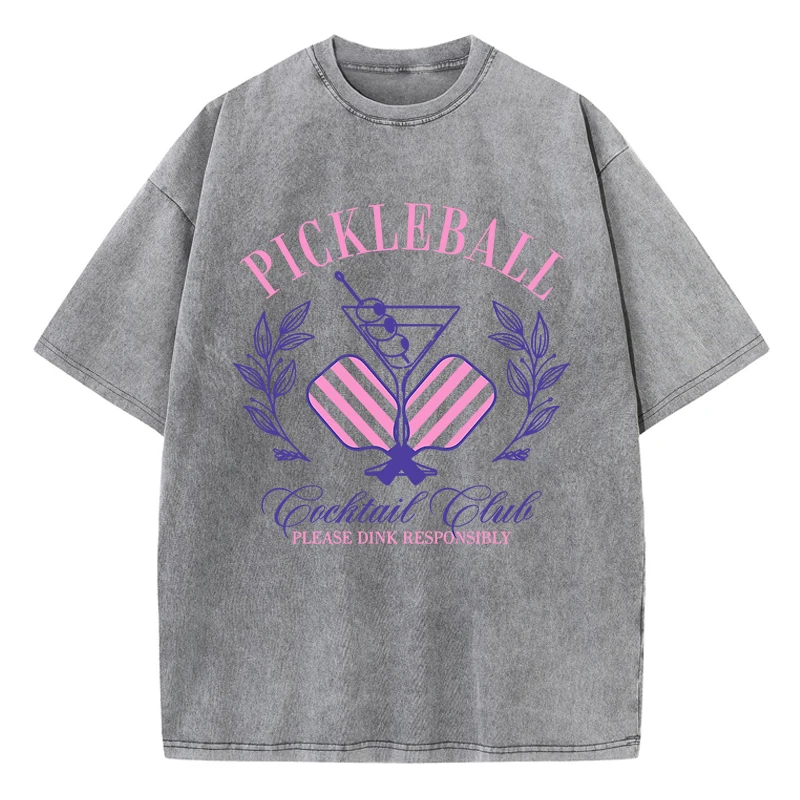 

Pickball Cocktail Club Prints Washed T-Shirts Women Cotton Oversize Streetwear Comfortable Distressed O-Neck Tops Summer Clothes