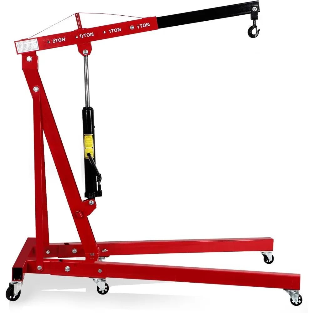 Engine Hoist 2 Ton 4409 Lb Heavy Duty Folding Cherry Picker Engine  with 6 Iron Caster Wheels Telescopic Boom Hitch (Red)