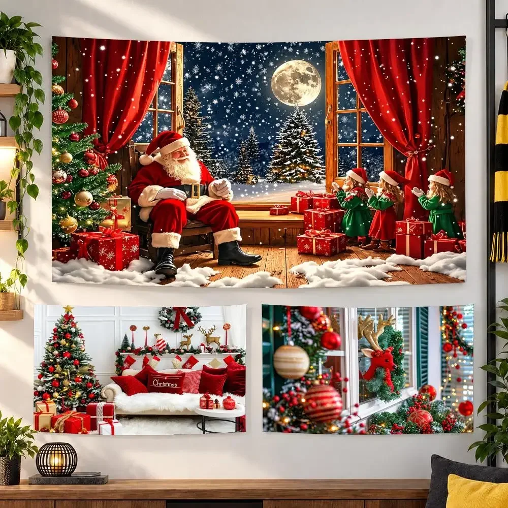 Santa Christmas Indoor Holiday Views Tapestry Living Bedroom Party Dormitory Interior Wall Bohemian Decoration Attached Clip