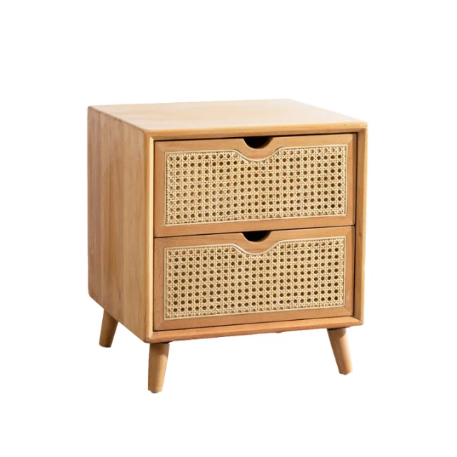 High quality wooden rattan bedside table 2 drawer nightstand cane weave affordable price