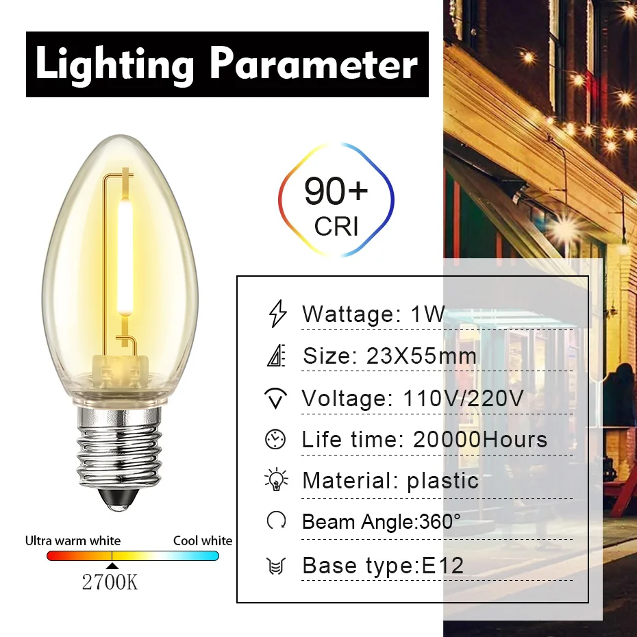 Shatterproof LED String Light C7 Candle Plastic Replacement Bulb 1w E12 Base EU Connectable Garland Garden Party Christmas Decor