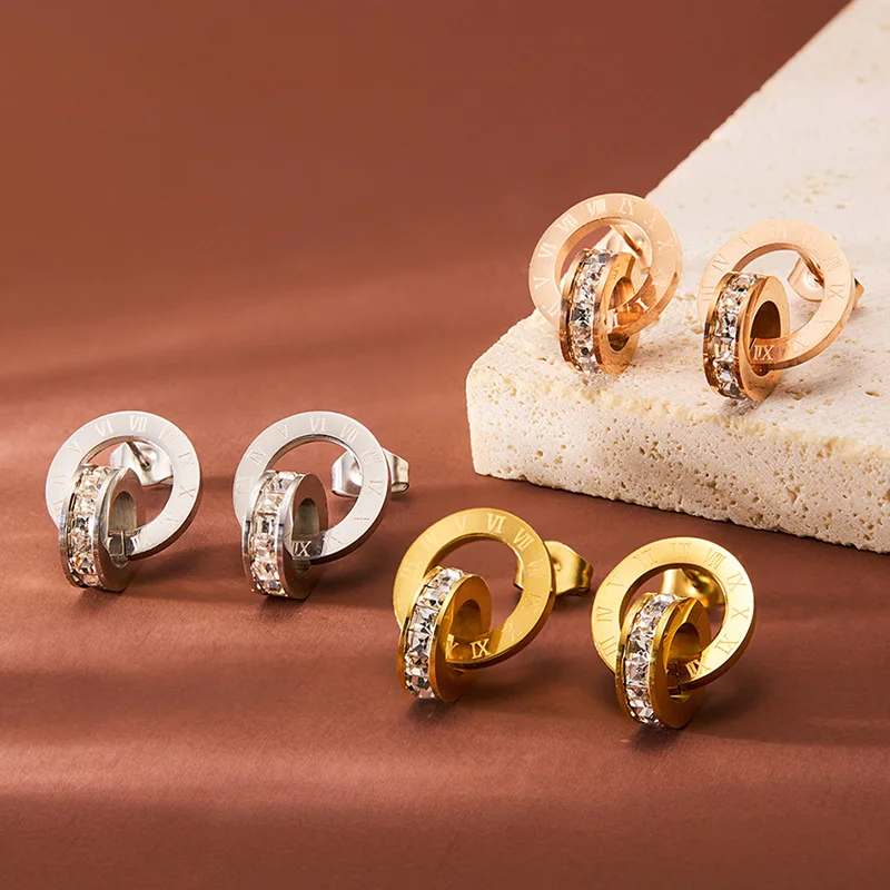

Classic Roman Numeral Crystal Stainless Steel Earrings for Women Luxury Elegant Fashion Wedding Party Jewelry Gift