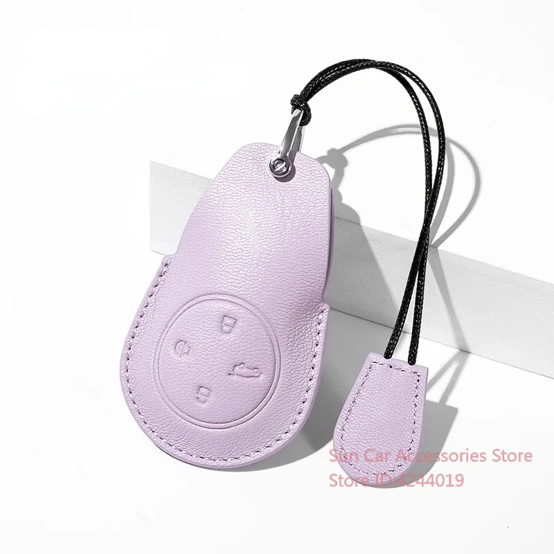 

For NIO ES6 ES7 ES8 EC6 EC7 Off White + Taro Purple Goat Skin Leather Car Remote Key Case Cover Keychain Accesorios