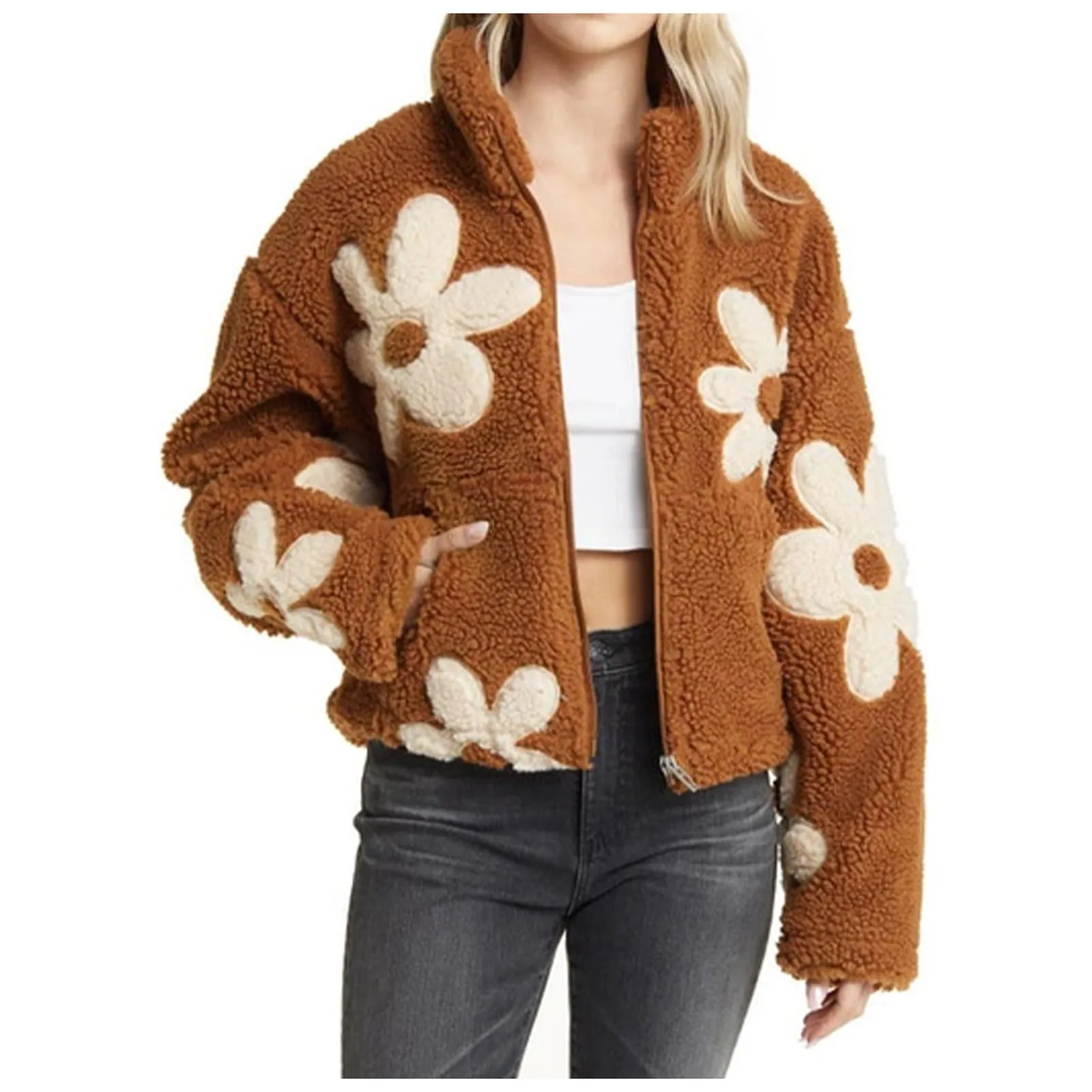 Fall Women Lambswool Fuzzy Short Coats Trendy Mock Neck Zip Up Bomber Jackets Winter Floral Cute Warm Fluffy Outwear Jackets