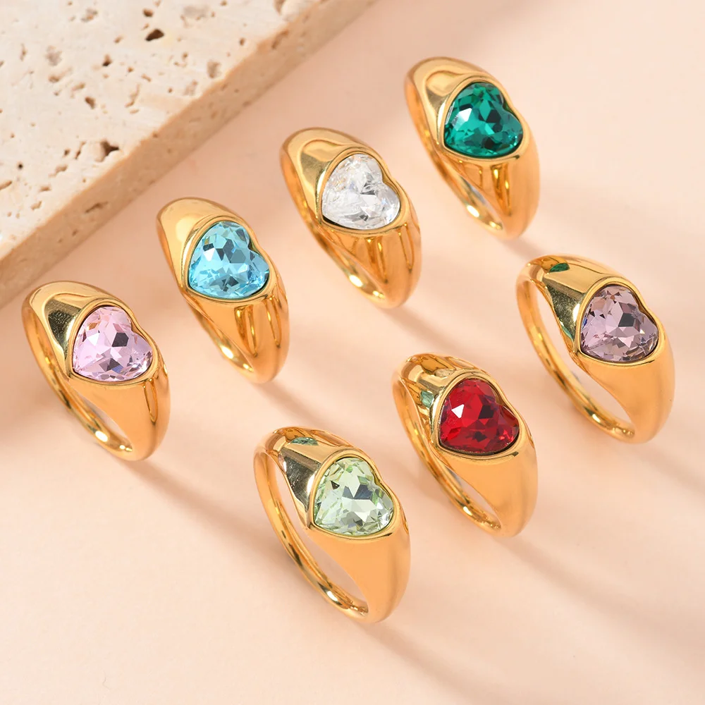 

Delicate Cubic Zirconia Heart Stainless Steel Gold Color 18 K Metal Fashion Open Ring High Quality Chic Charm Jewelry