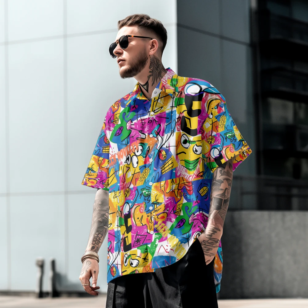 Painted graffiti creative design men's short-sleeved shirt summer loose large size thin casual lapel shirt top