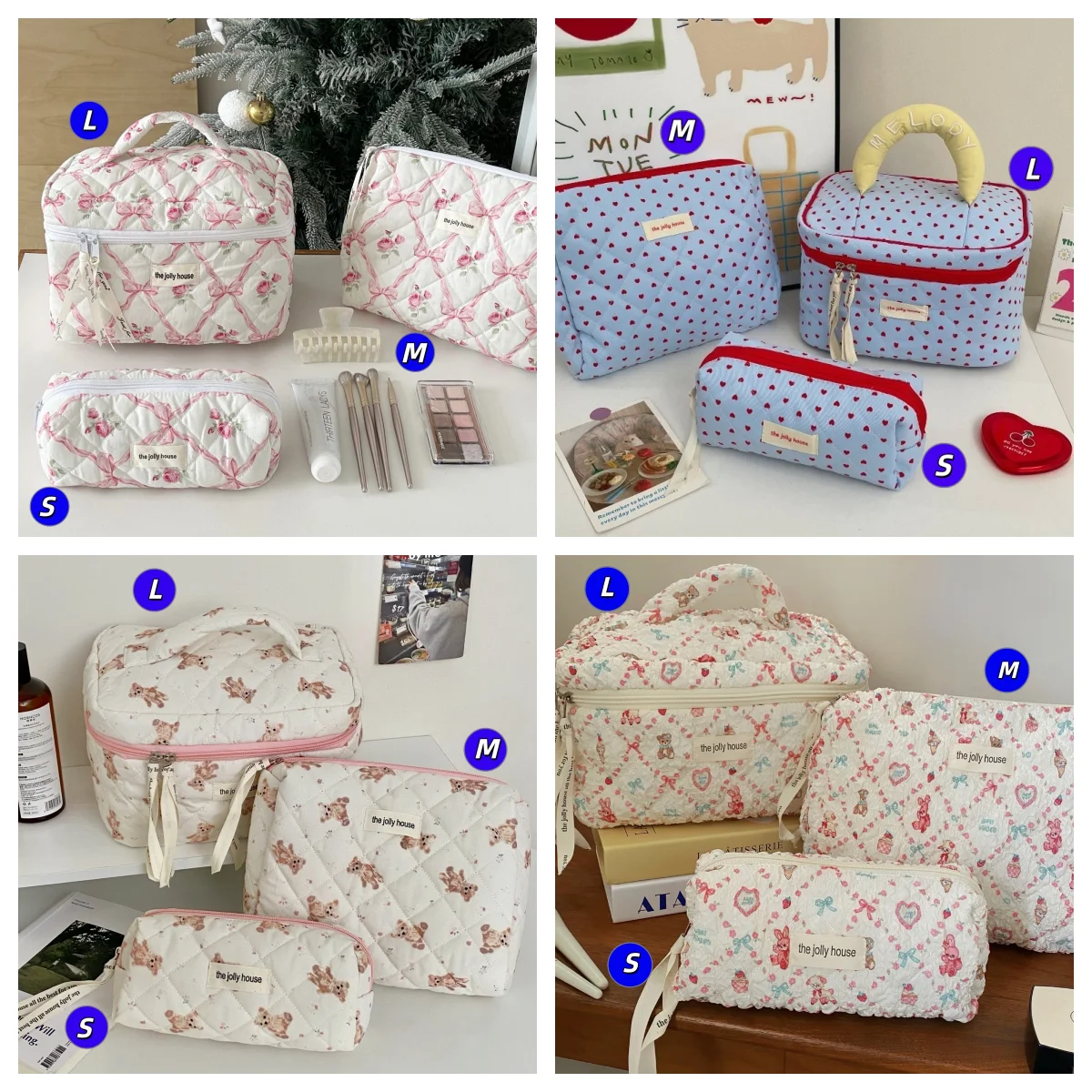 Quilted cotton cosmetic storage bag, portable travel toiletry bag, mint green polka dot makeup bag, large capacity, ins style