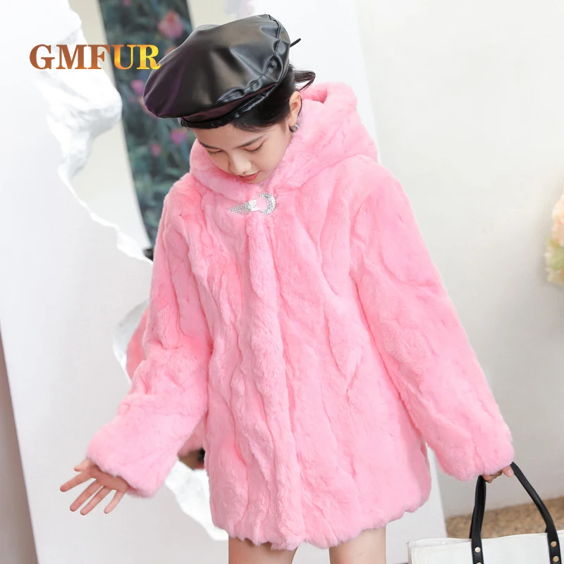 Hot Sale Luxury Authentic Rex Rabbit Fur Coat Children Autumn Winter Fashion Warm Mid-length Hooded Coat Girls Natural Fur Coat