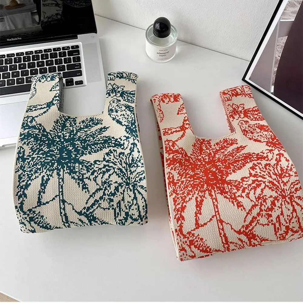 Handmade Mini Knit Handbag for Women Small Knot Wrist Bag Casual Colorful Plaid Tote Bag Girls Reusable Shopping Bags