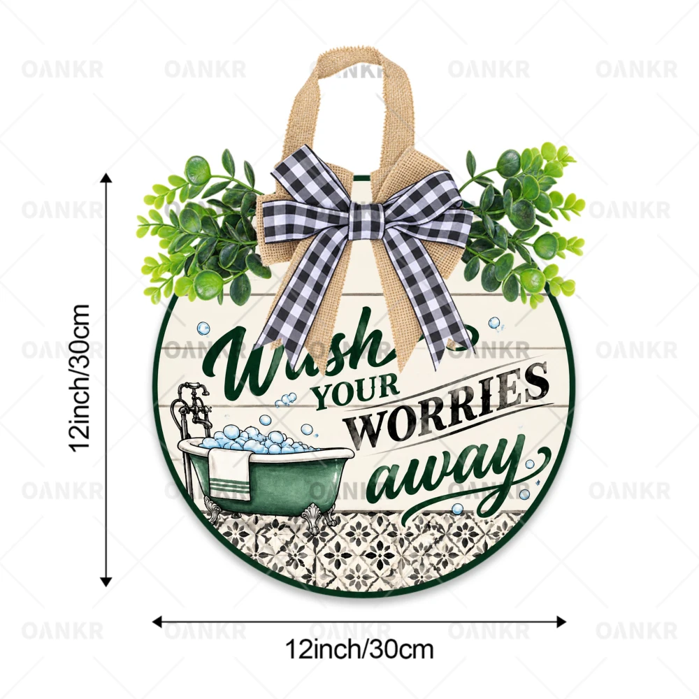 1PC Funny Bathroom Wooden Door Wreath, 5 Decorative Bow Styles Available, Wash Your Worries Away Round Hanging Sign, Rustic Farmhouse Restroom Wall & Door Decor, Classic Signs Wash Your Worries Away Design, 2D Flat, 12x12 Inches