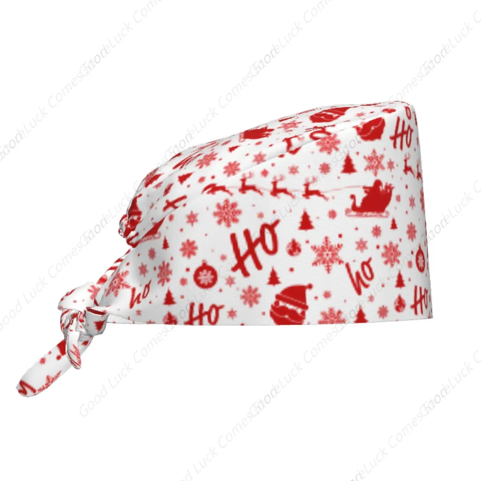 Cute Christmas Santa Claus Cleaning Working Cap with Sweatband for Women Men, Adjustable Tie Back Scrub Cap Work Beanie Hats