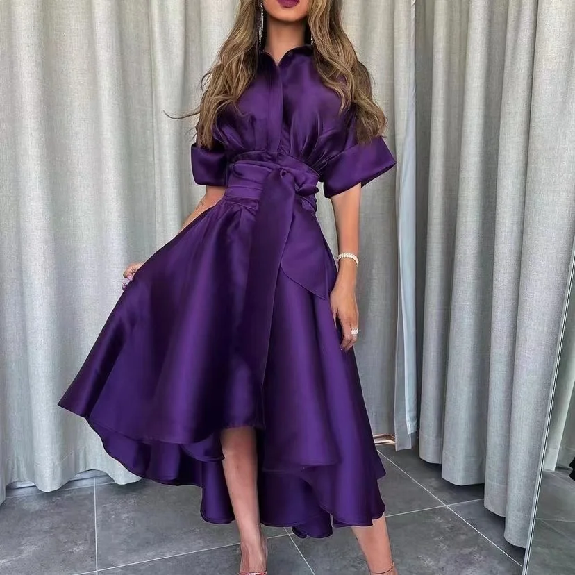 Santorini Saudi Arabia Women Wear Prom Dresses with Ribbon Half Sleeves Vestidos De Noches High Low A Line Wedding Party Evening