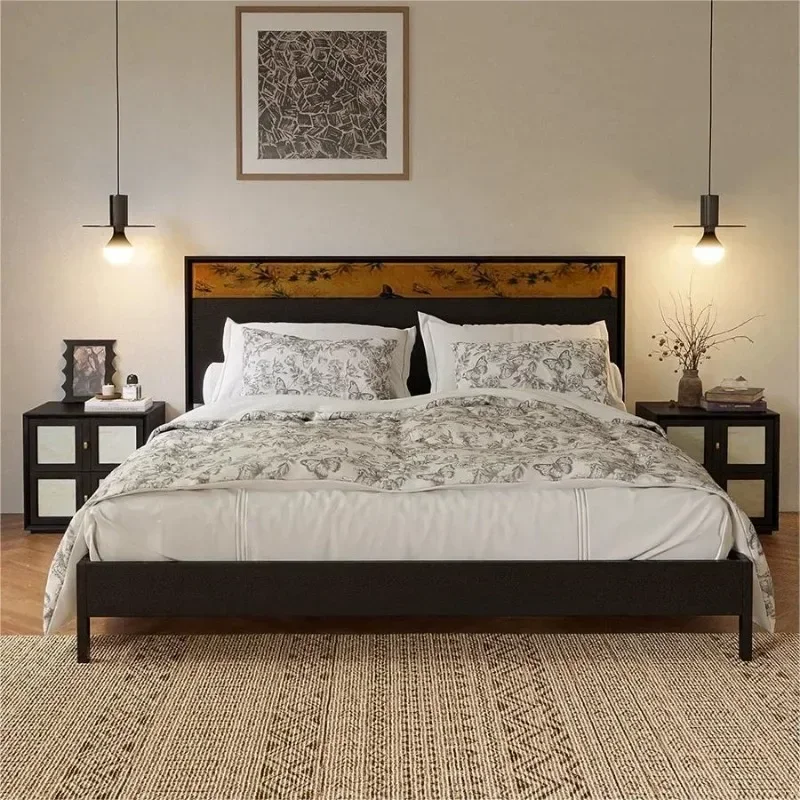 French solid wood retro bedroom double bed medium antique black fragrant cloud yarn designer soft bag bed master bedroom