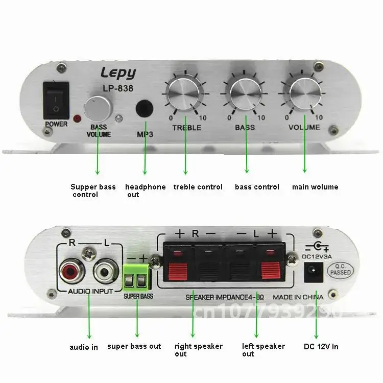 Lepy-LP-838 Mini amplificateur de puissance de voiture numérique Hi-Fi, 12V, 3A, câble d'alimentation audio, 2,1 CH, caisson de basses numérique, lecteur audio Bass