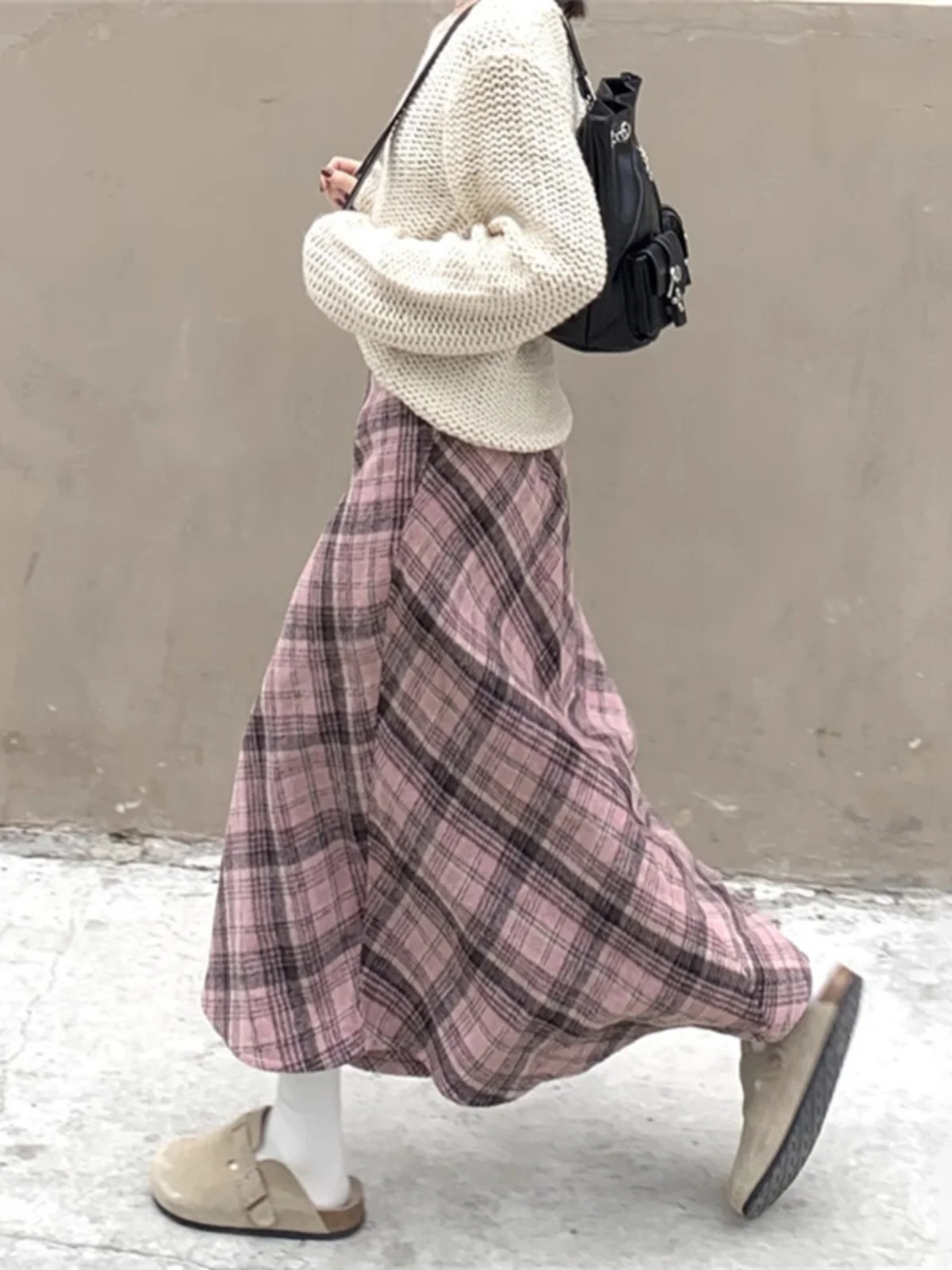 Damska spódnica wełniana w kratę, długa spódnica w kształcie litery A, jesienno-zimowa, nowa, retro, z wysokim stanem, midi, wyszczuplająca, uniwersalna.