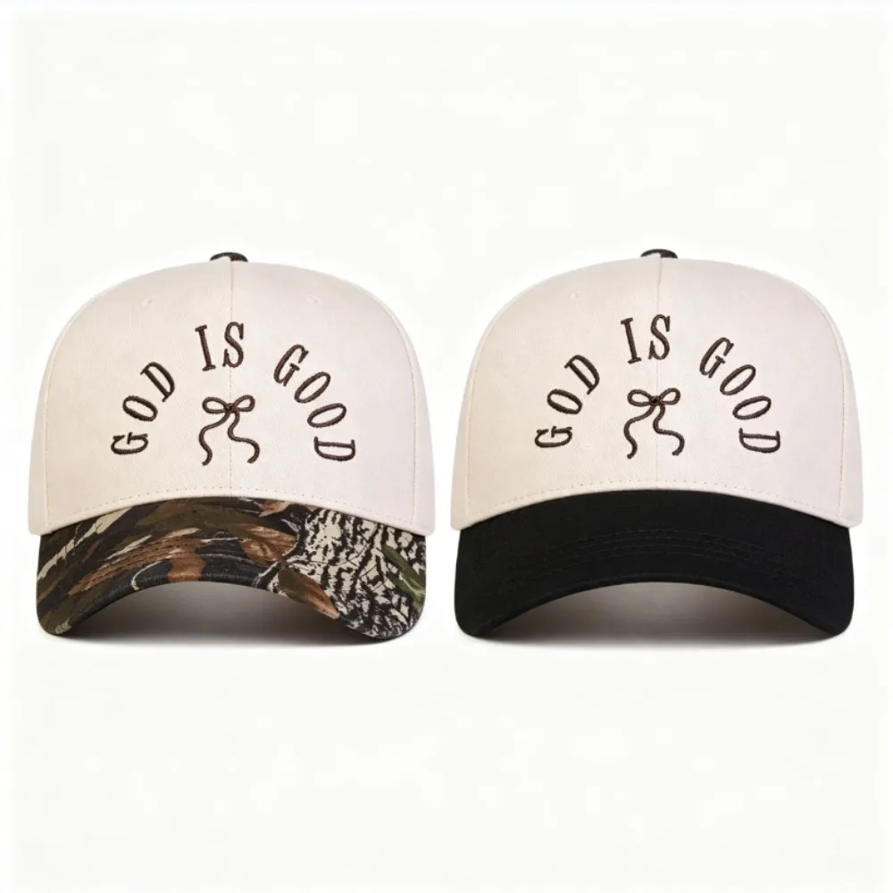 God Is Good Bow Embroidery Baseball Cap Two Tone Camo/Black Brim Trucker Hat Women Vintage Adjustable Outdoor Sports Sun Hat
