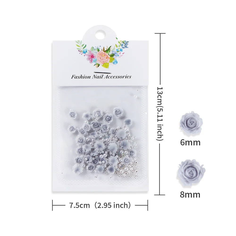 30Pcs/Bag Rose Design Nail Charm 3D Mixed Pearl Beads Rhinestone Round Flower Nail Decoration Romantic Valentines Supplies