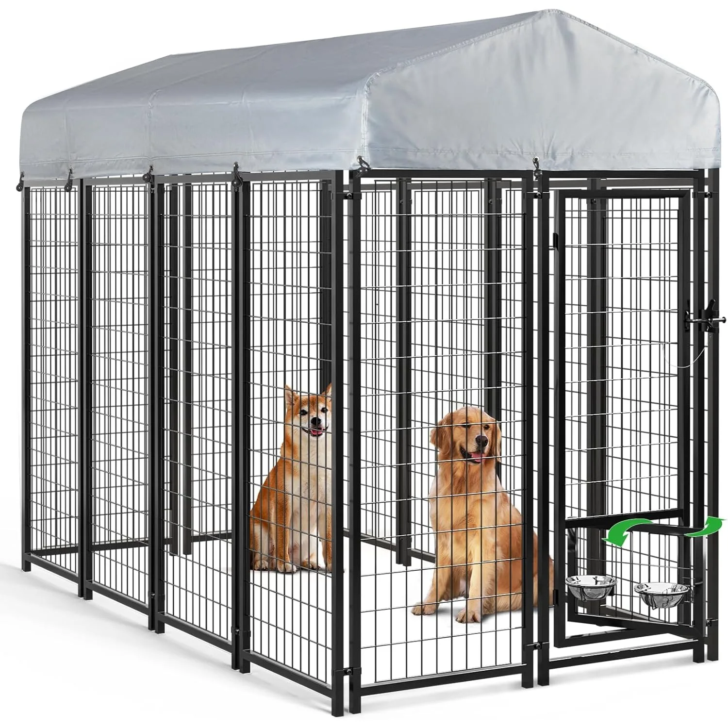 8x4x6 FT Outside Dog Kennel for Large Dogs,Heavy Duty Welded Wire Outdoor Run with Roof and Rotating Dog Bowl