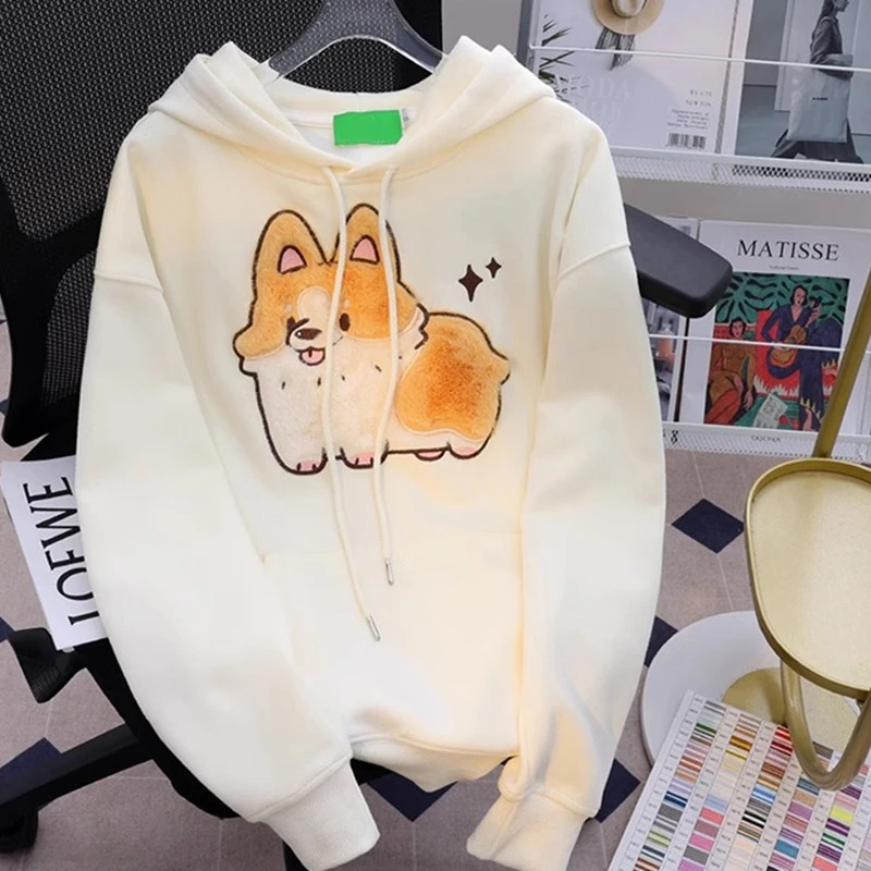 Autumn Winter Cartoon Corgi Dog Embroidery Pullover Women Sweatshirt Hoodie Streetwear Couples Top Clothes Casual Hooded Coat