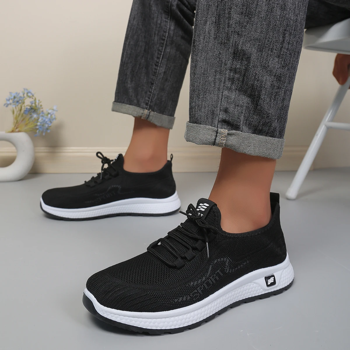 Senior-Friendly Knit Mesh Slip-On Style Sneakers, Elastic Lace-Up Shoes, Comfortable All-Day Walking Footwear