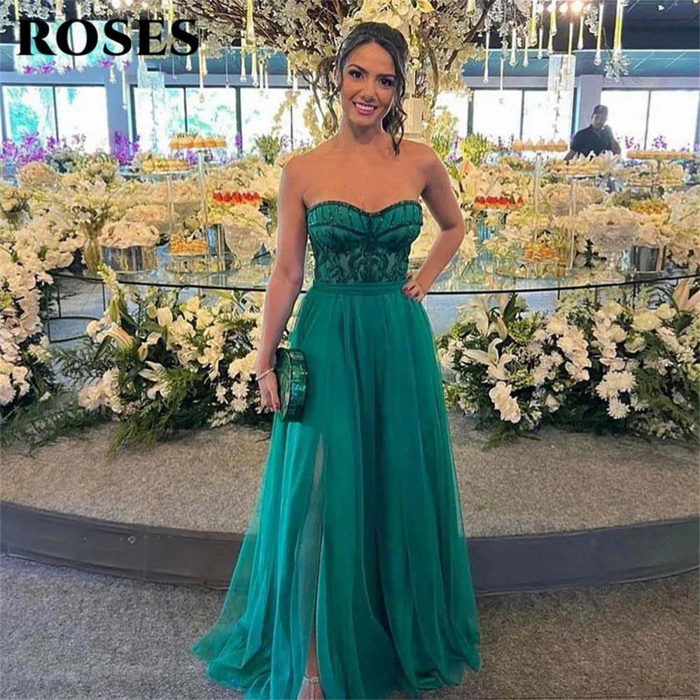 

ROSES Green Party Dress Elegant Sweetheart Beach فستان سهرة Lace Sleeveless Beading Evening Dresses Side Split Prom Dress