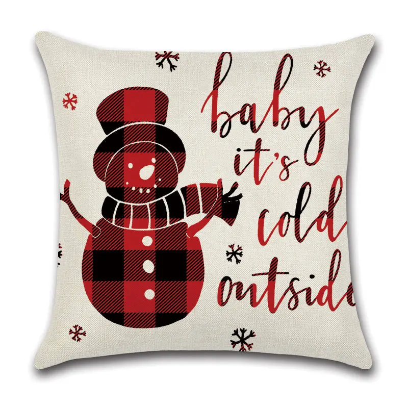 Christmas Celebration Red Plaid Snowman English Word Throw Pillow Cover Home Living Room Linen Cushion Cover