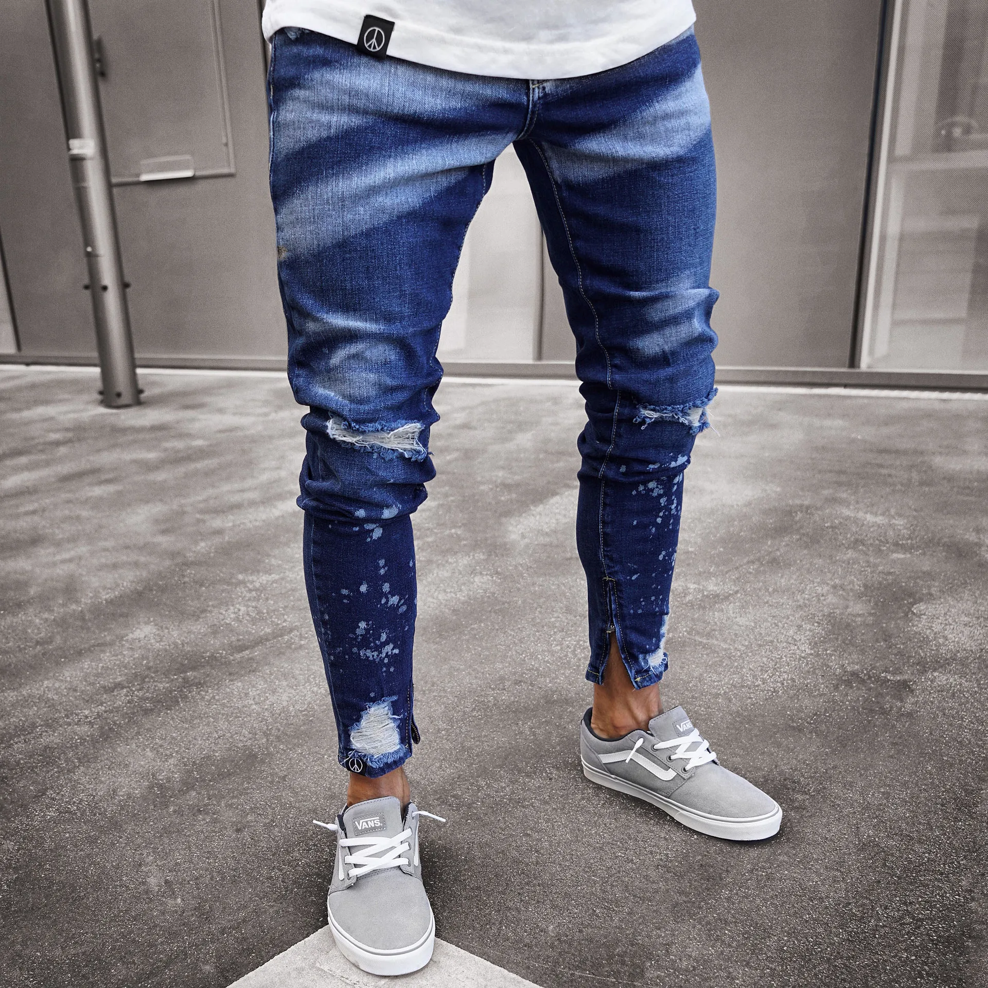 American European 2026 New Fashion Men's Casual Trendy Slim Hole Patched Splashed Ink Pencil Denim Trousers Male Jeans Pants