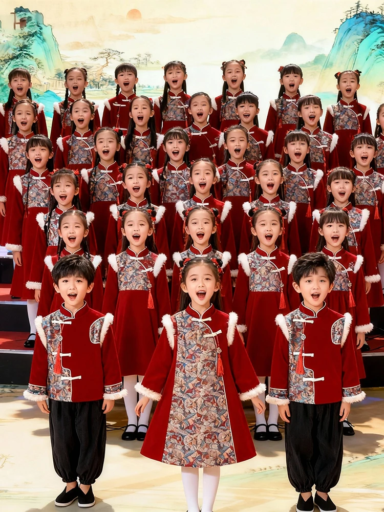 Cheerful New Year's Children's Chorus Performance Costume Festive Red Outfit for Recitation And Cetition by Mbgk Brand