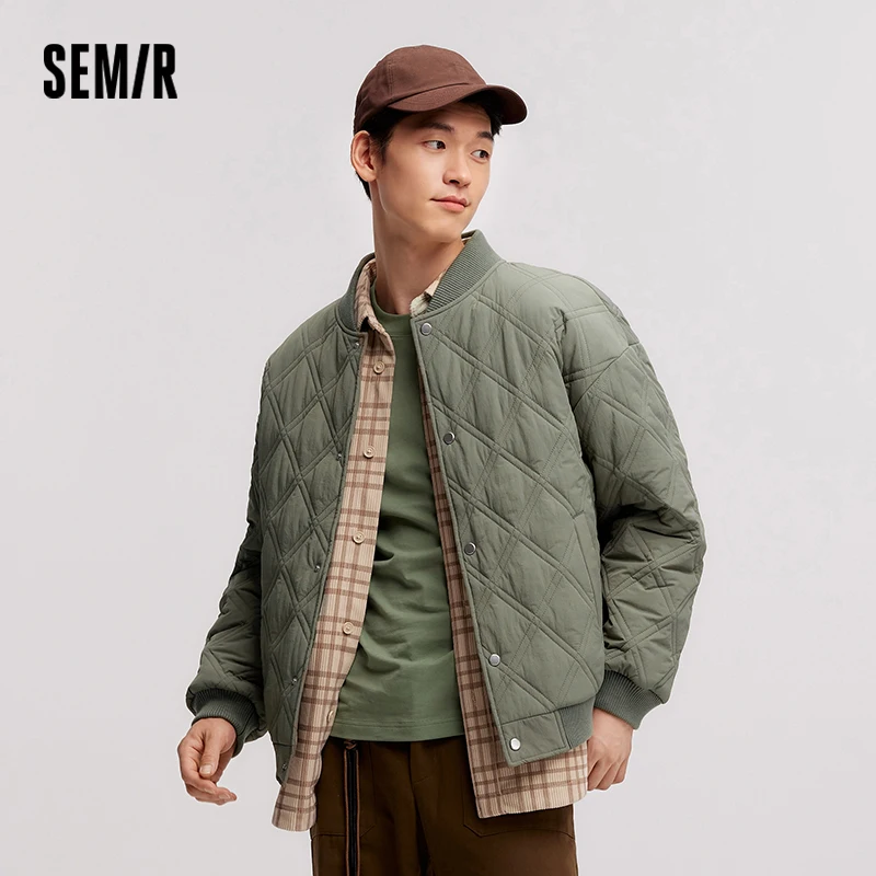 Semir Cotton Jacket Men 2024 Winter New Slightly Wrinkled Quilted Rhombus Texture Thin Baseball Trendy Cotton Jacket