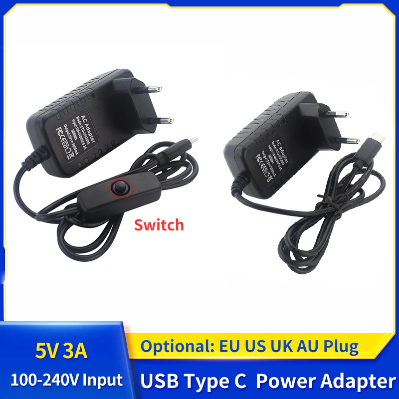 AC Power Supply 5V 3A USB Type C Switch Power Adapter EU US UK AU Plug Input 100-240VPower Adapter for Orange Pi 3 4 LTS Pi 4B