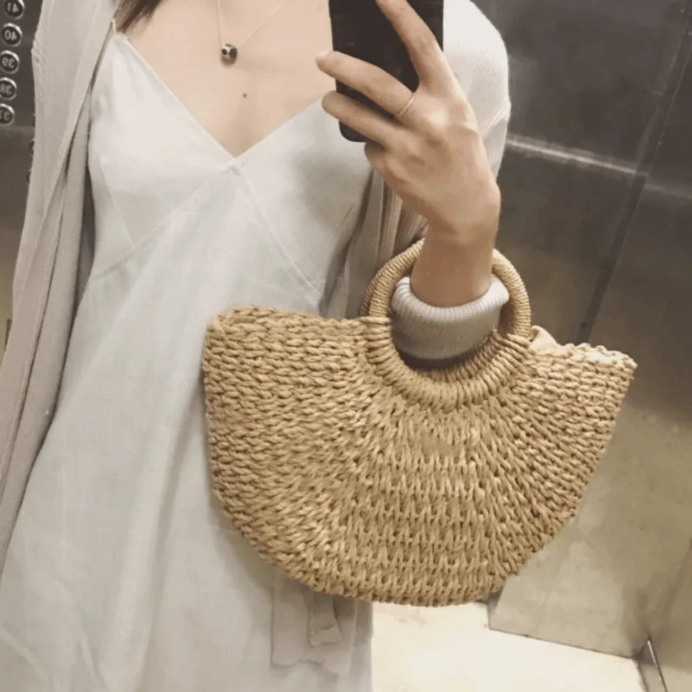 Solid Color Straw Woven Handbag Large Capacity Half-Moon Shape Hollow Out Tote Bag Elegant Spacious Women Weaving Handbag