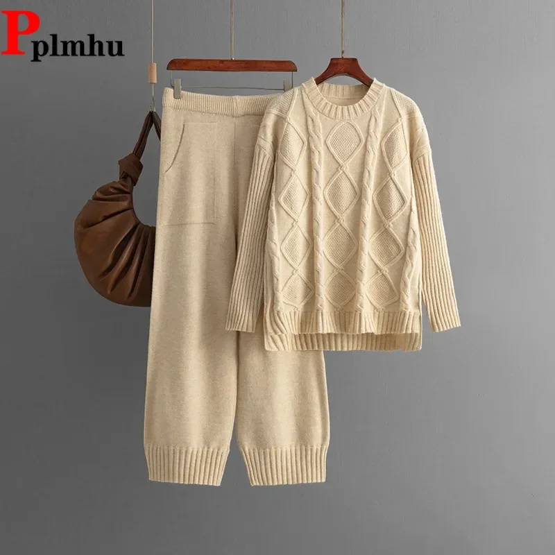 

Fall Winter O-neck Knit Sweater Pullover Tops Conjuntos Casual High Waist Straight Pants Outfit Women Thick Knitted 2 Piece Sets