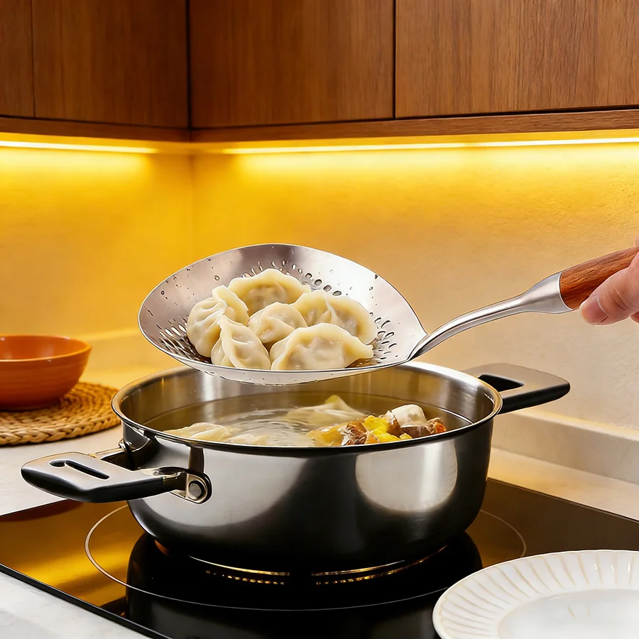 

Large Slotted Skimmer Spoon with Long Wooden Handle, Stainless Steel Frying Spoon for Cooking, Deep Frying & Draining