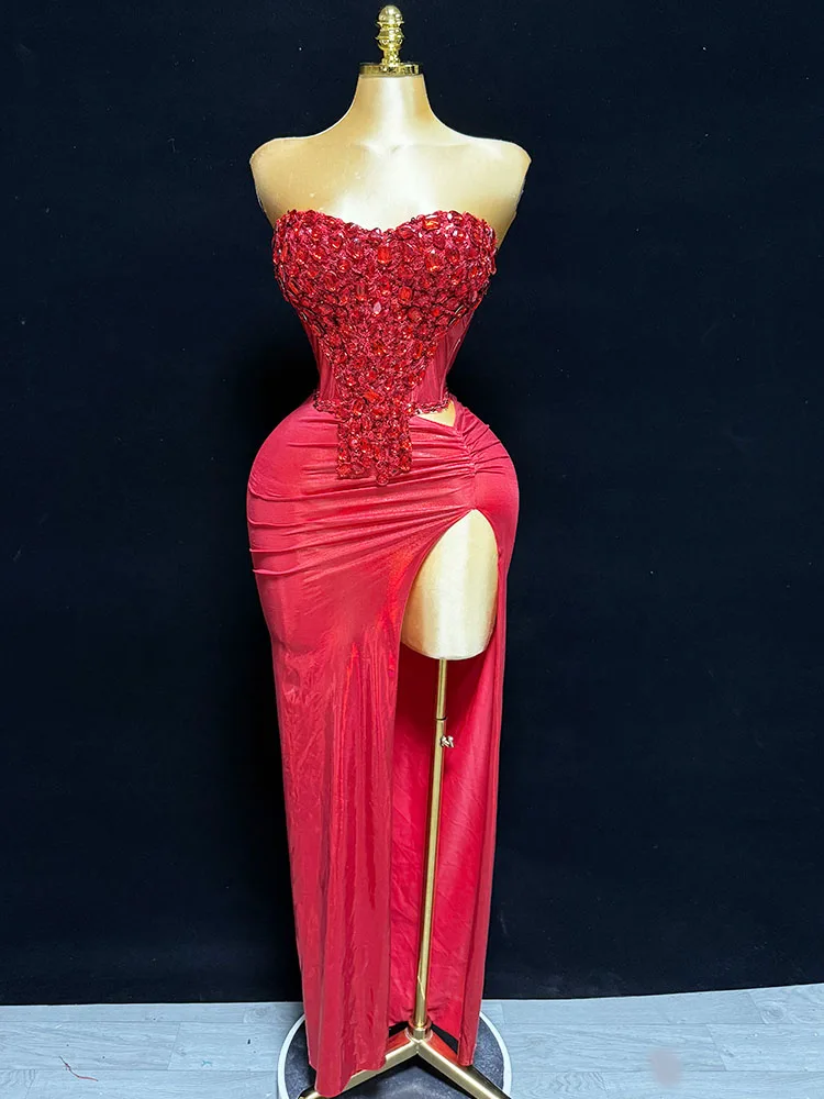 

Сексуальные костюмы для женщин, розовое, красное платье, топ и юбка с кристаллами, два комплекта для танцев, дня рождения, вечеринки, ночного клуба DS, Drag Queen