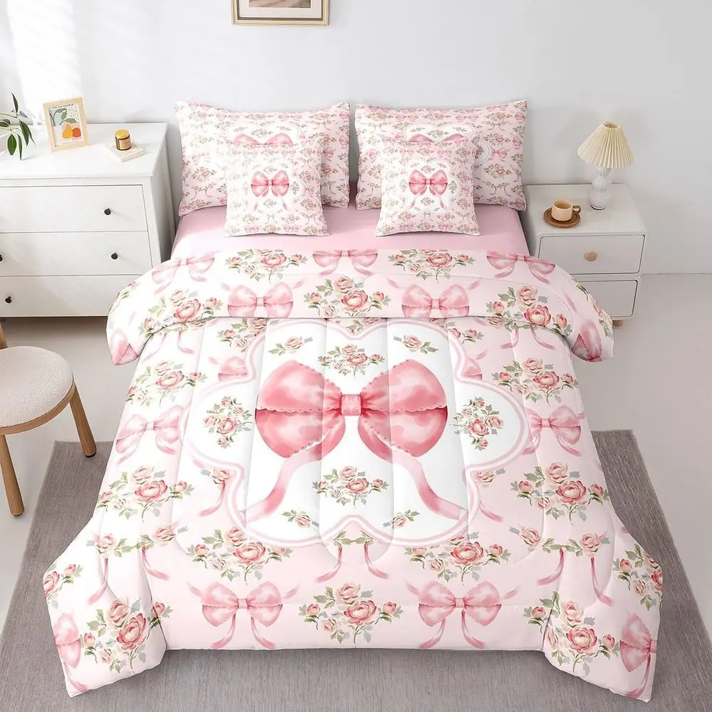 

Queen Size Pink Bowknot Comforter Set with 7-Piece Bedding for Girls, Boys, and Teens, featuring Roses and Rainbow Flowers