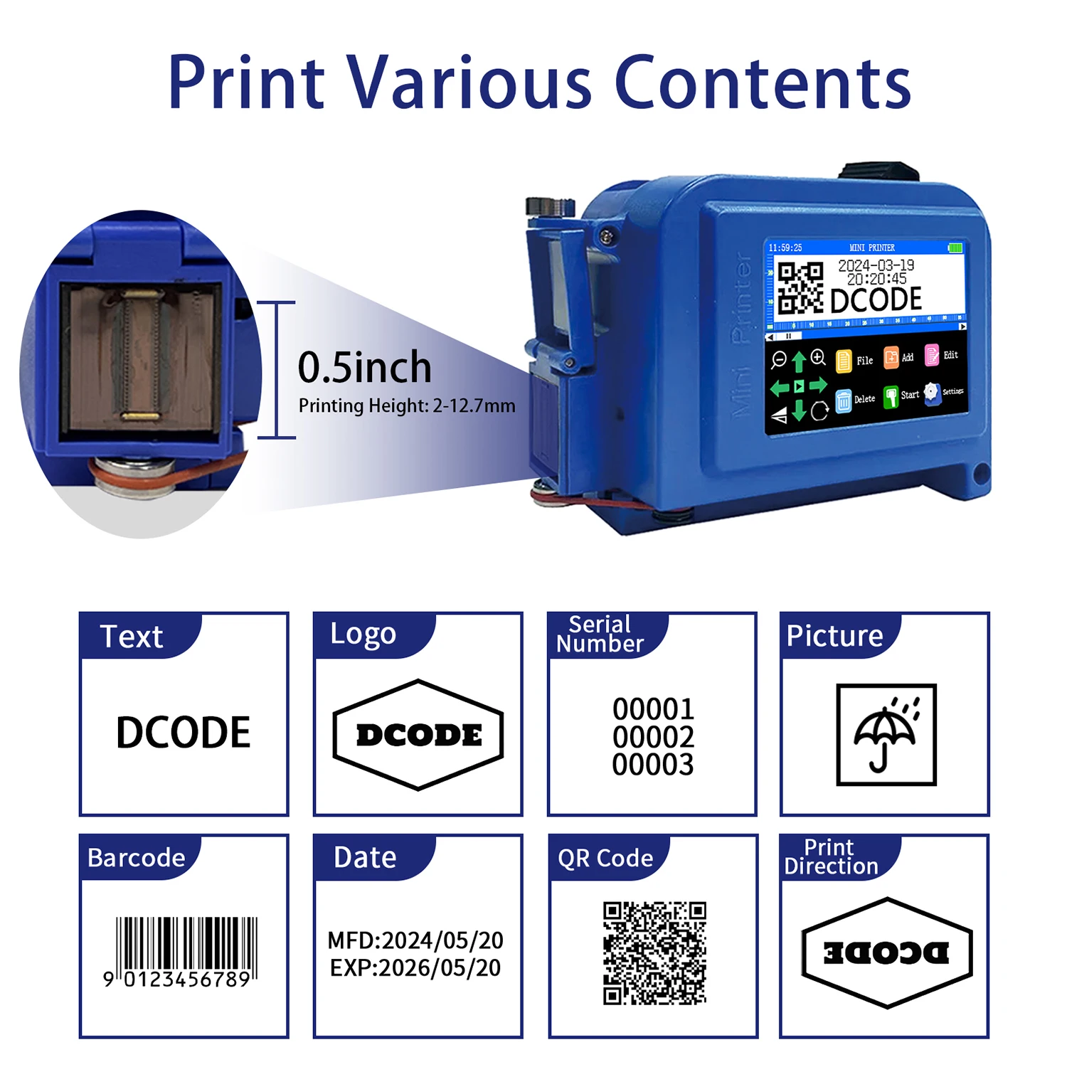 Imagem -04 - Dcode Dc11 12.7 mm 0.5 Polegadas Portátil Mini Impressora Jato de Tinta Portátil Não-criptografado qr Código de Barras Imagem Logotipo Data Máquina de Codificação